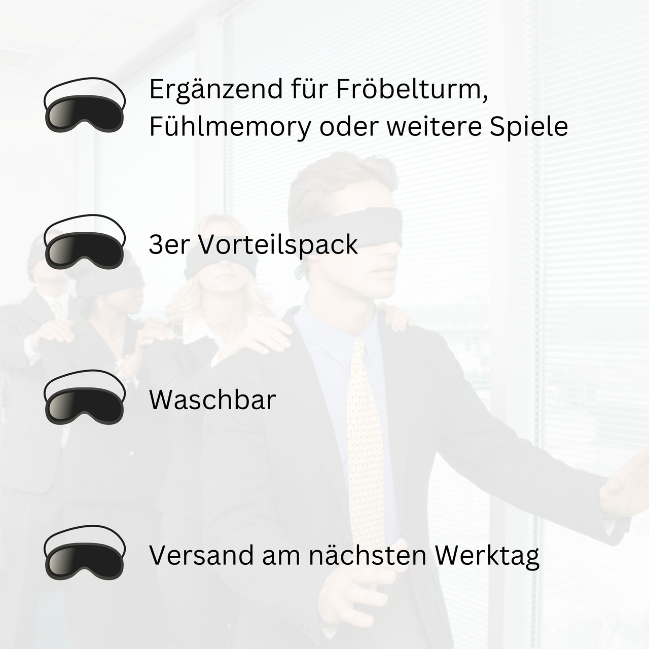 Die Augenbinden sind ergänzend für den Fröbelturm, das Fühlmemory, den Kreiselzeichner. 3er Set im Vorteilspack. Es ist waschbar. Versand am nächsten Werktag spätestens